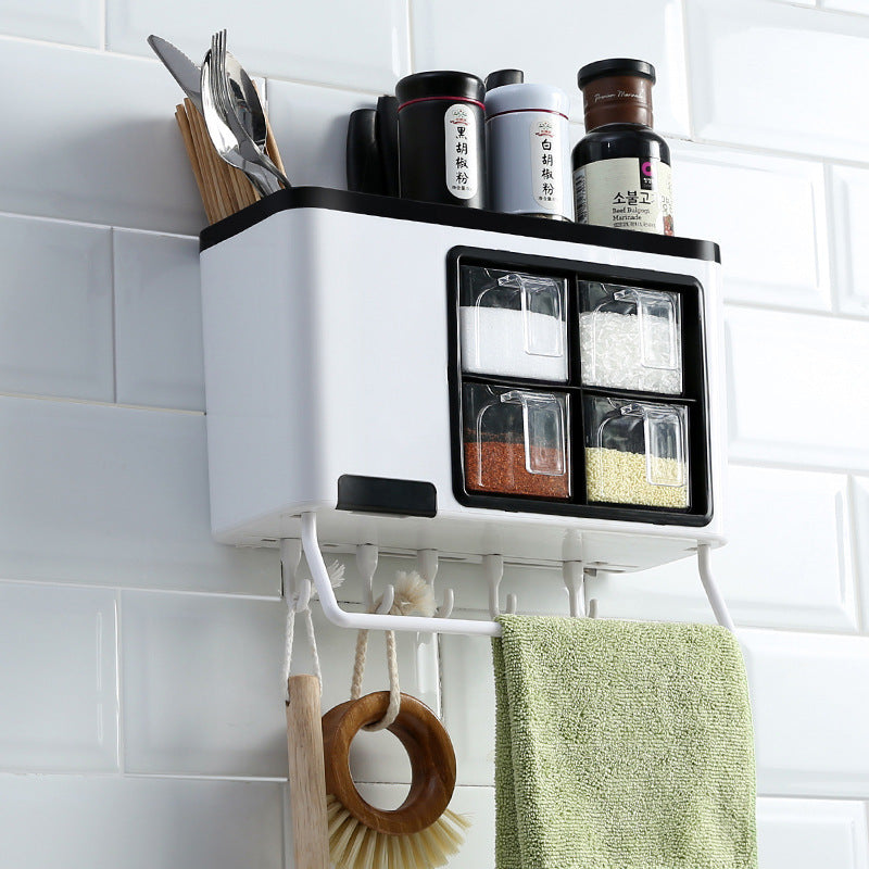 Wall-Mounted Kitchen Organizer with Spice Containers & Hooks