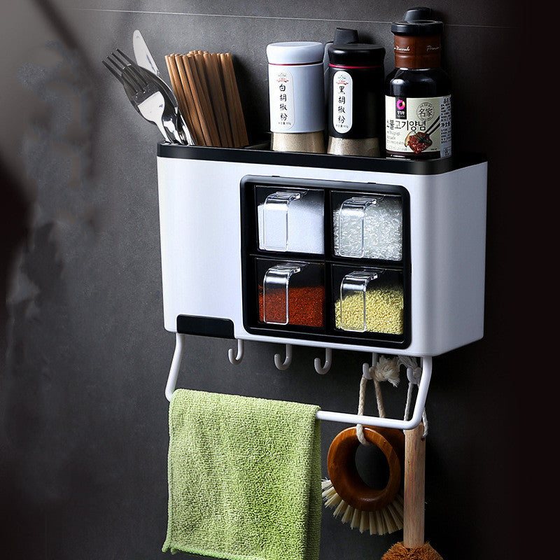 Wall-Mounted Kitchen Organizer with Spice Containers & Hooks