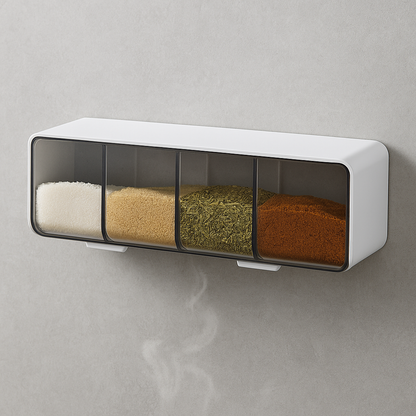 Wall-mounted spice container with 4 transparent grids filled with colorful spices